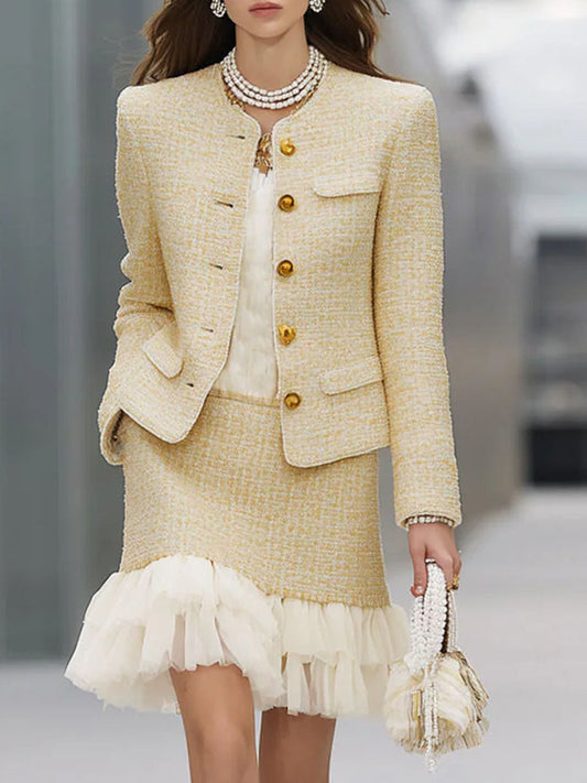 Elegant Textured Fabric Patchwork Organza Jacket And Skirt Set