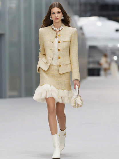 Elegant Textured Fabric Patchwork Organza Jacket And Skirt Set