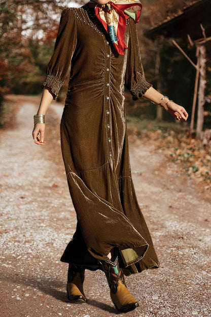 Vintage Charming Studded Velvet Buttoned Maxi Dress