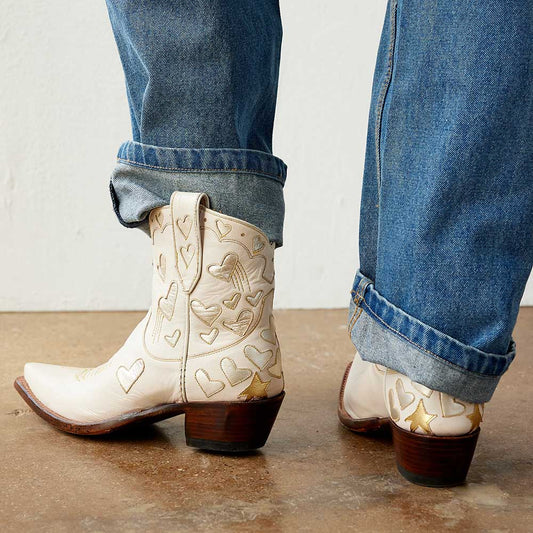 Beige Snip Toe Heart Inlay Ankle Length Cowgirl Boots with Chunky Heel