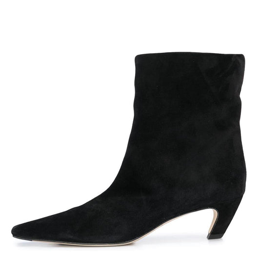 Full Black Faux Suede Pointed Toe Classic Comma Heel Ankle Boots