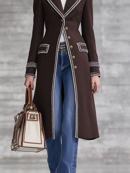 Fashion Retro Ribbon Trim Chocolate Wool Long Coat