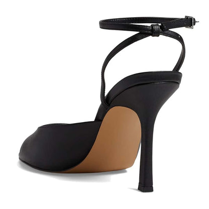 Faux Leather Open Toe Flared Heel Ankle Strap Black Sandals for Women