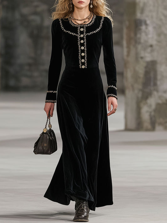 Fashion Retro Gold-Trimmed Black Velvet Long-Sleeved Maxi Dress