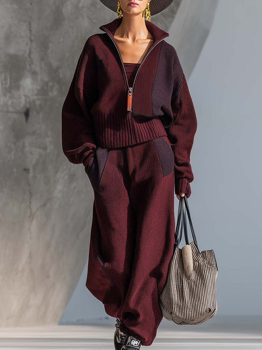 Exquisite Casual And Comfortable Maroon Knitted Lapel Front Zipper Sweatshirt And Pants Set