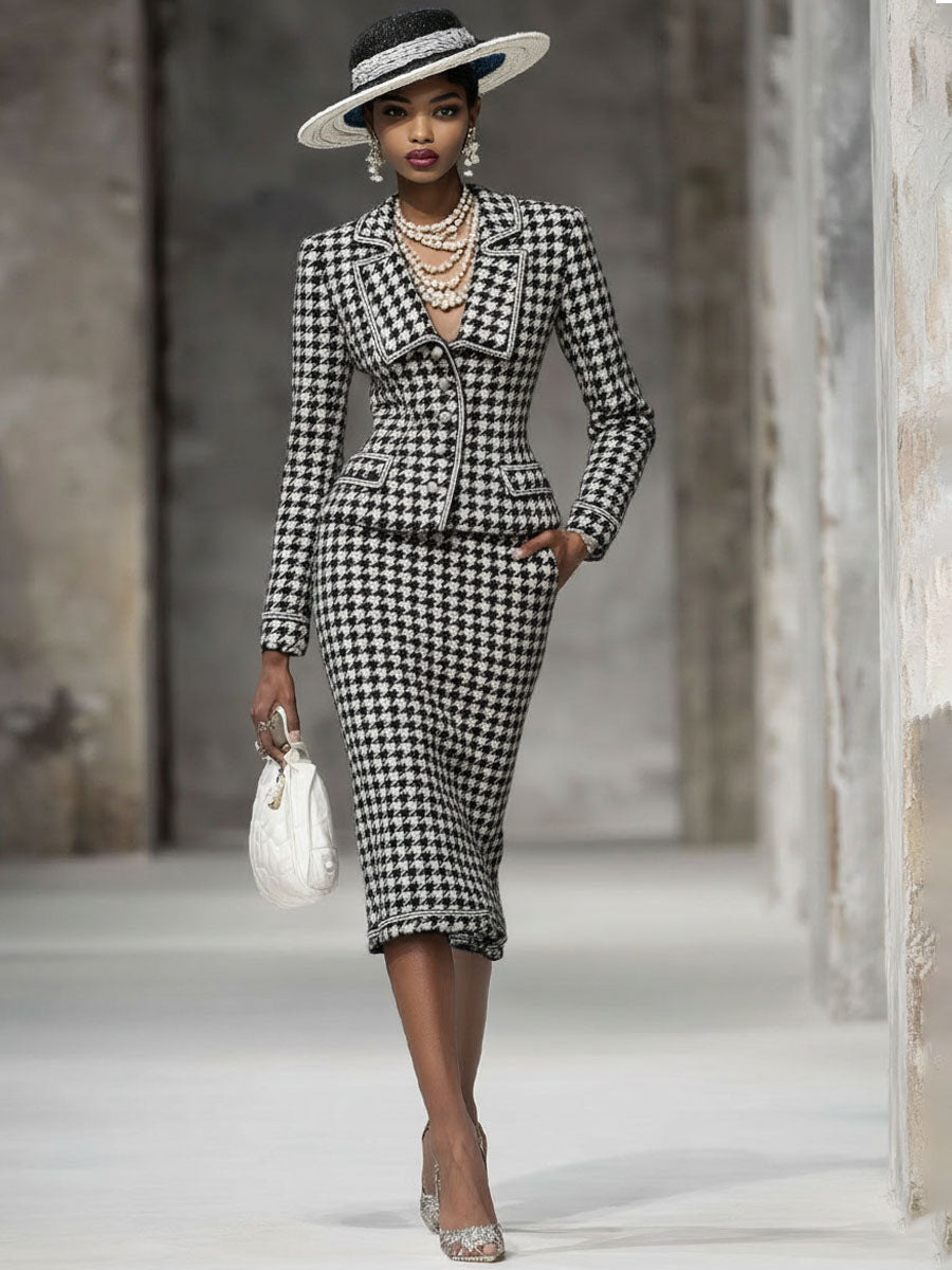 Elegant Black And White Houndstooth Lapel Blazer And Skirt Set