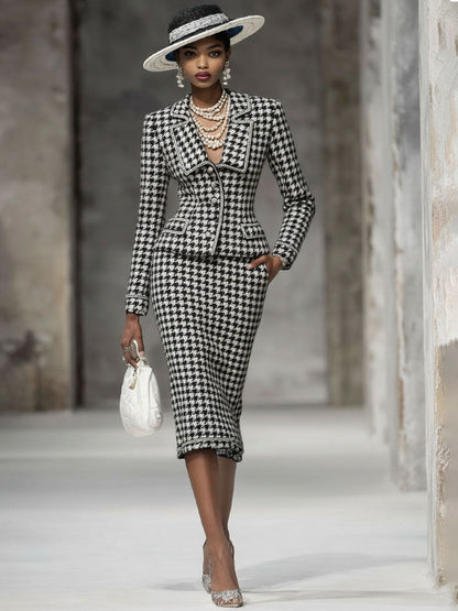 Elegant Black And White Houndstooth Lapel Blazer And Skirt Set