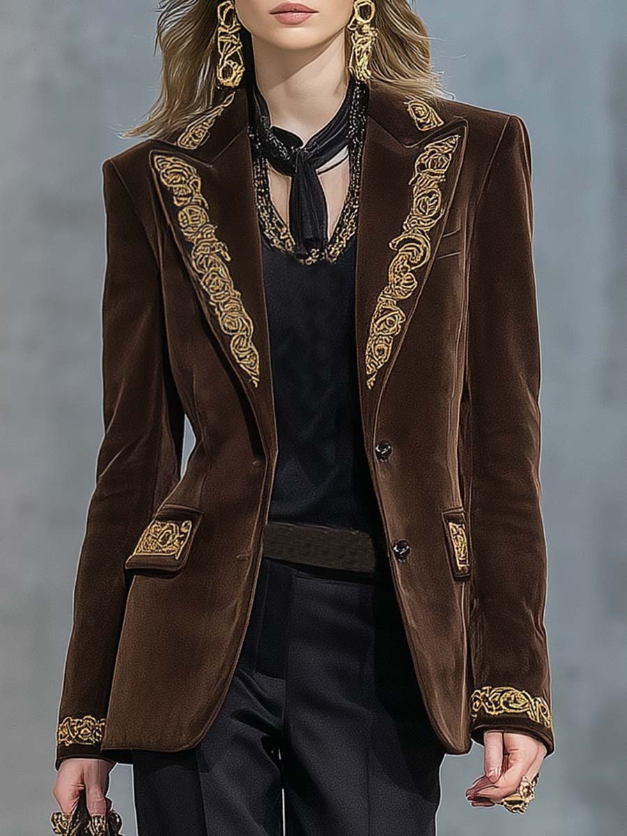 Exquisite Retro Peaked Lapel With Gold Embroidery And Brown Faux Suede X-shaped Blazer