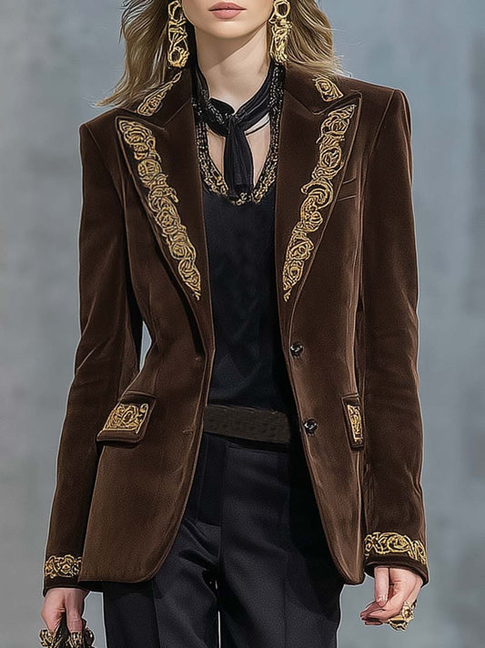 Exquisite Retro Peaked Lapel With Gold Embroidery And Brown Faux Suede X-shaped Blazer