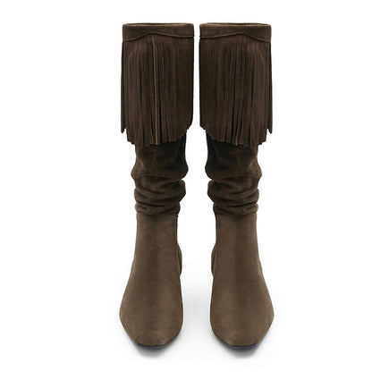 Dark Olive Slip On Mid Calf Block Heel Fringe Square Toe Slouch Boots