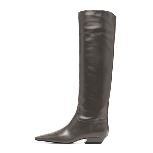 Dark Grey Square Toe Chunky Heel Knee-High Long Boots for Women