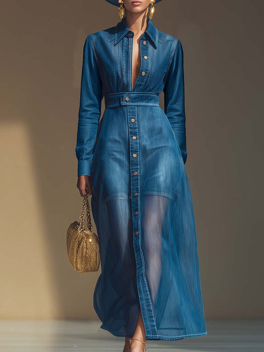 Exquisite And Fashionable Front Button V-neck Long Sleeve Organza Blue Denim Maxi Dress