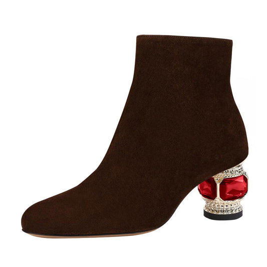 Dark Brown Faux Suede Pointed Toe Decorative Heel Side-Zip Booties