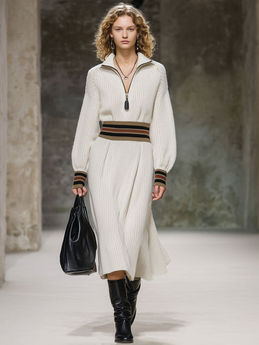 Fashion Loose Retro Striped White Knitted Midi Dress