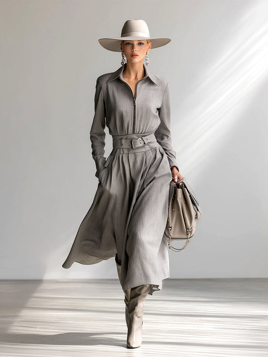 Fashionable And Elegant Silver-gray Lapel Belt Cotton And Linen Long-sleeved Maxi Dress