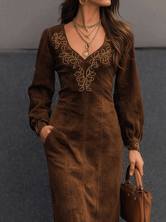 Embroidered Brown Suede Midi Dress