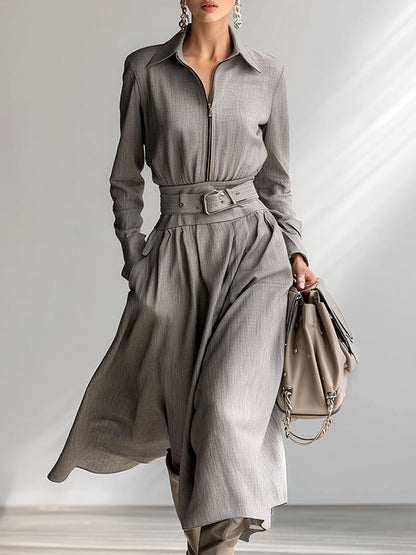 Fashionable And Elegant Silver-gray Lapel Belt Cotton And Linen Long-sleeved Maxi Dress