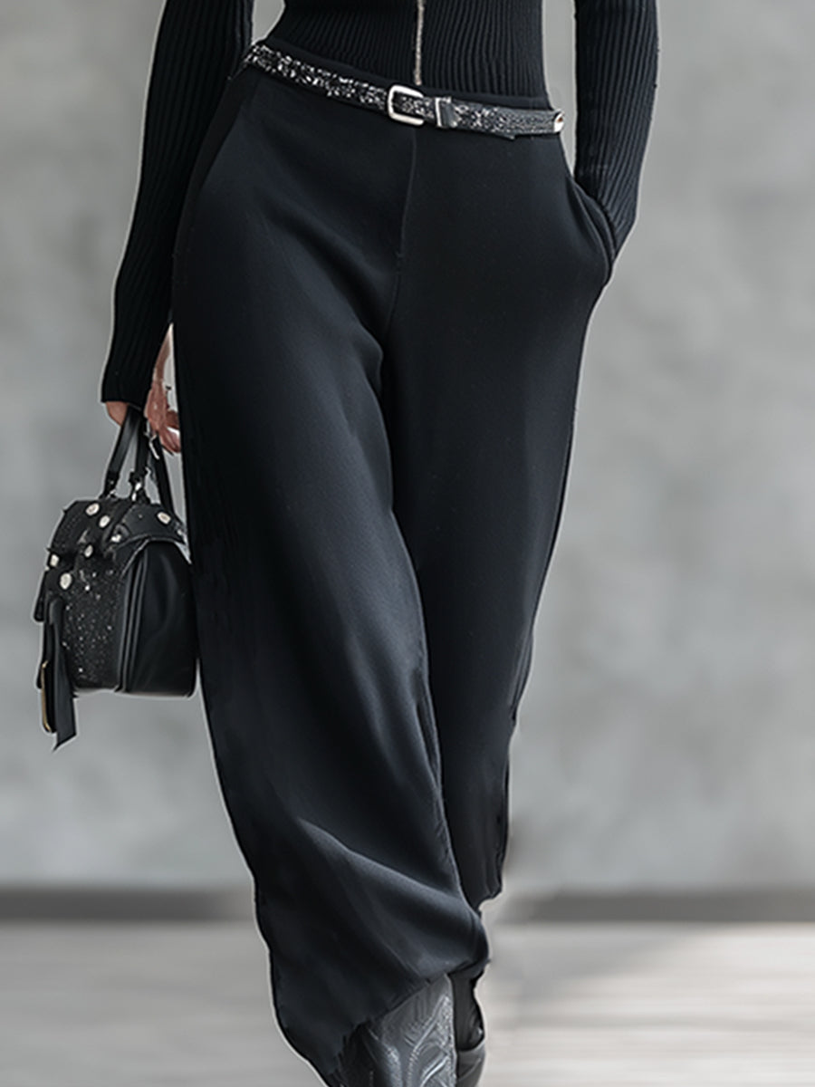 Fashionable Sports Black Half-zip Knit Top And Cotton Wide-leg Pants Set