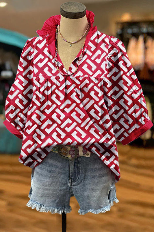 Classic Print Pleated Puff Sleeve Blouse