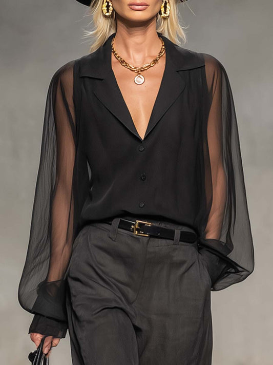 Exquisite And Fashionable V-neck Front Button Mesh Long-sleeved Black Satin Shirt Top