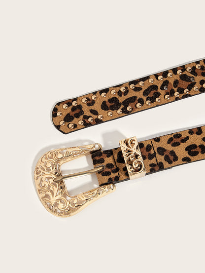 Fashion PU Leather Leopard Pattern Studded Belt