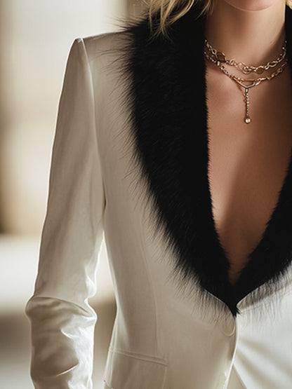 Elegant Classic White Velvet Fur Collar Blazer