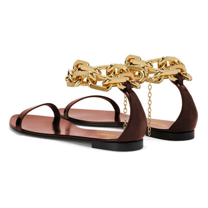 Fashion Brown Open Toe Gold Chain Flat Sandals for Women