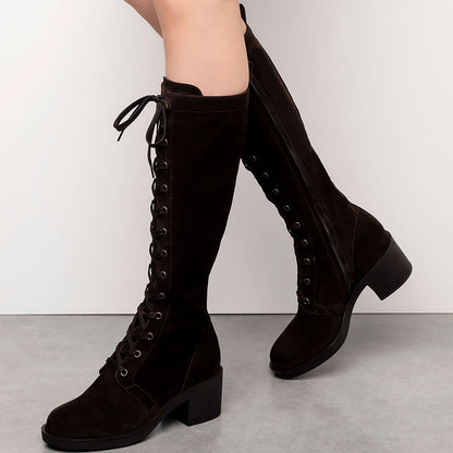 Dark Brown Vegan Suede Round Toe Block Heel Lace Up Tall Boots