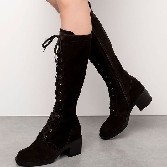 Dark Brown Vegan Suede Round Toe Block Heel Lace Up Tall Boots