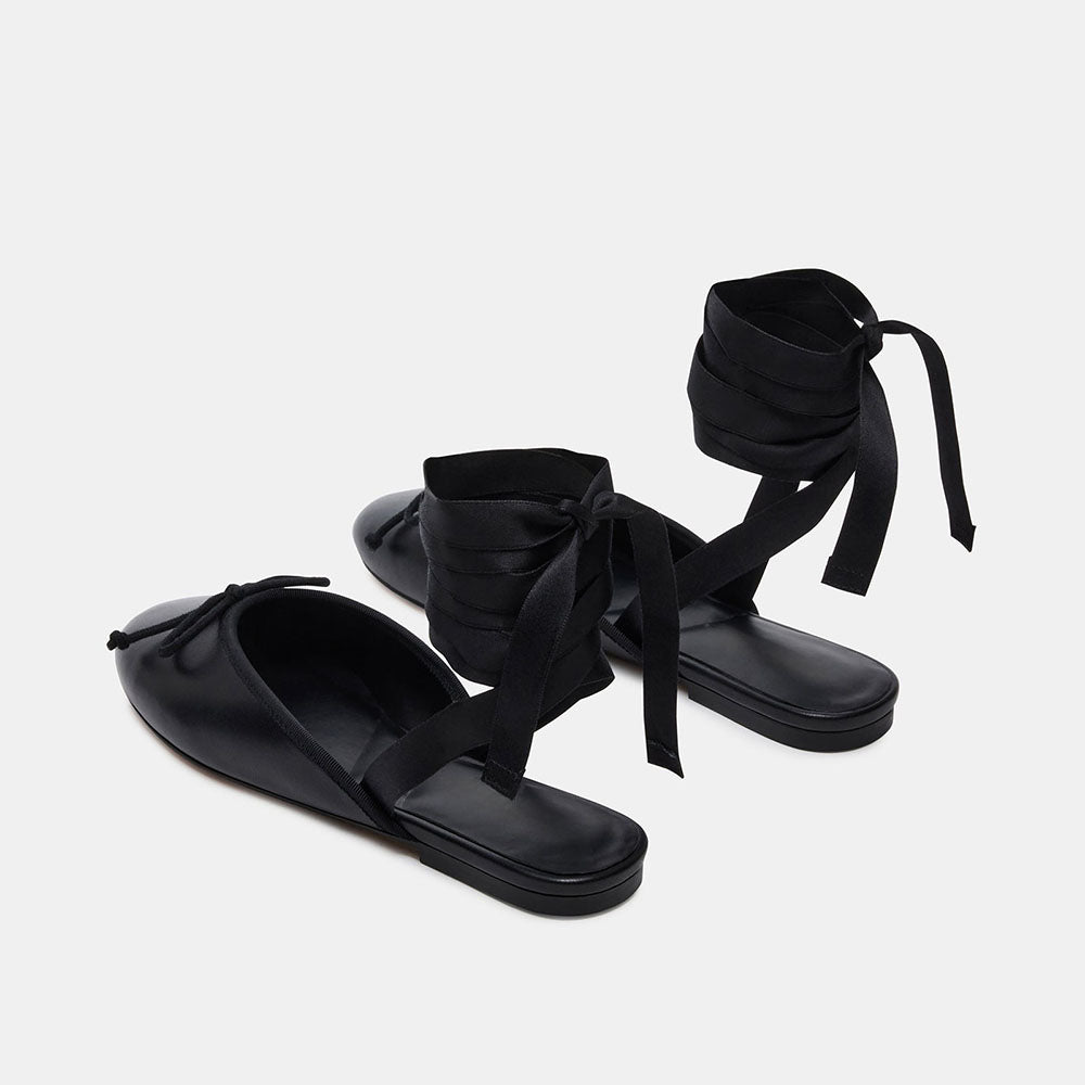 Elegant Black Round Toe Bow Wrap Strappy Flat Shoes for Women
