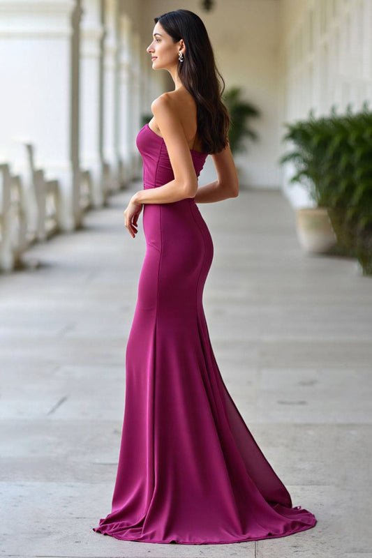 Elegant Formal Strapless Dress Purple Side Slit Chiffon Floor-Length Gown