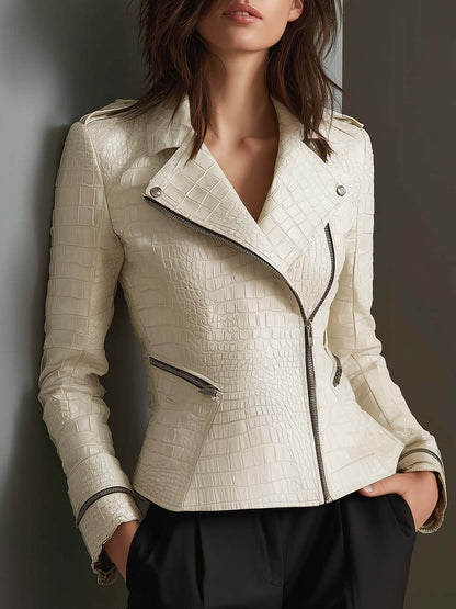 Eco Leather Croc-Embossed Biker Jacket – Ivory