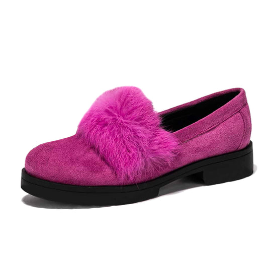 Fuchsia Vegan Suede Round Toe Fuzzy Decorated Loafer Shoes Women