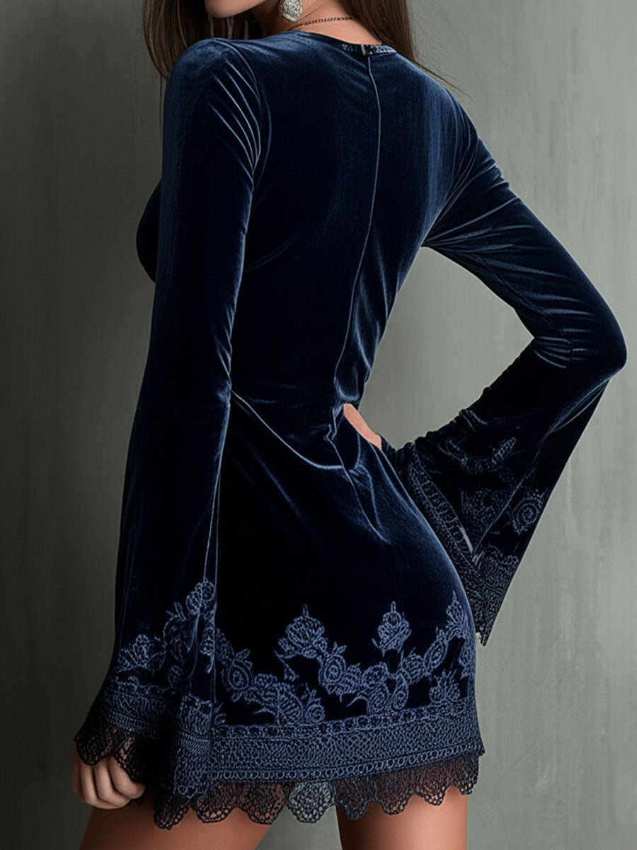 Embroidery Bell Sleeves Velvet Dress With Lace Trim
