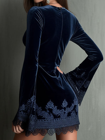 Embroidery Bell Sleeves Velvet Dress With Lace Trim