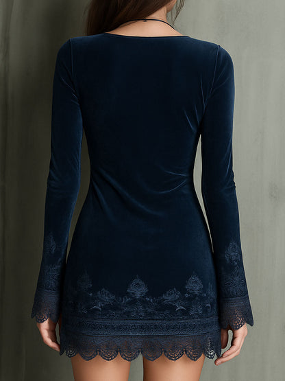 Embroidery Bell Sleeves Velvet Dress With Lace Trim