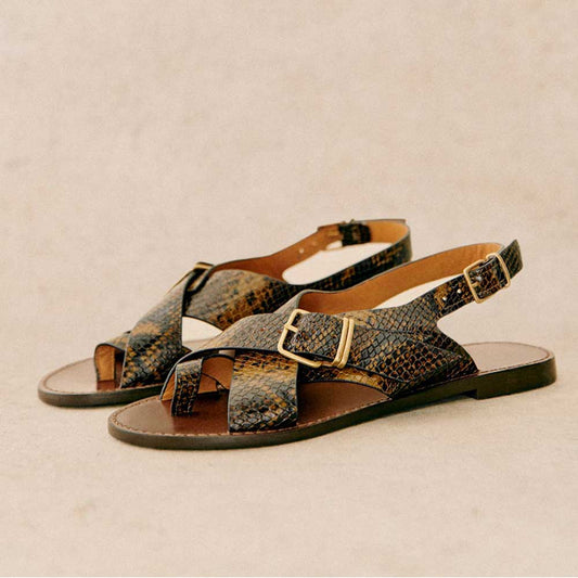 Dark Brown Round Toe Flat Python Cross Strap Buckled Slingback Sandals
