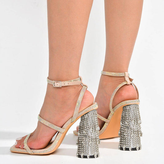Beige Faux Suede Square Toe 4'' Decorative Heel Ankle Strap Sandals