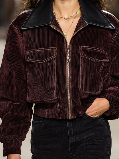 Faux Leather Square Neck Corduroy Pocket Zip-up Jacket