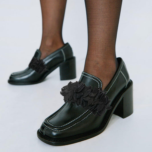 Dark Green Square Toe Floral Decor Block Heel Loafer Shoes Women