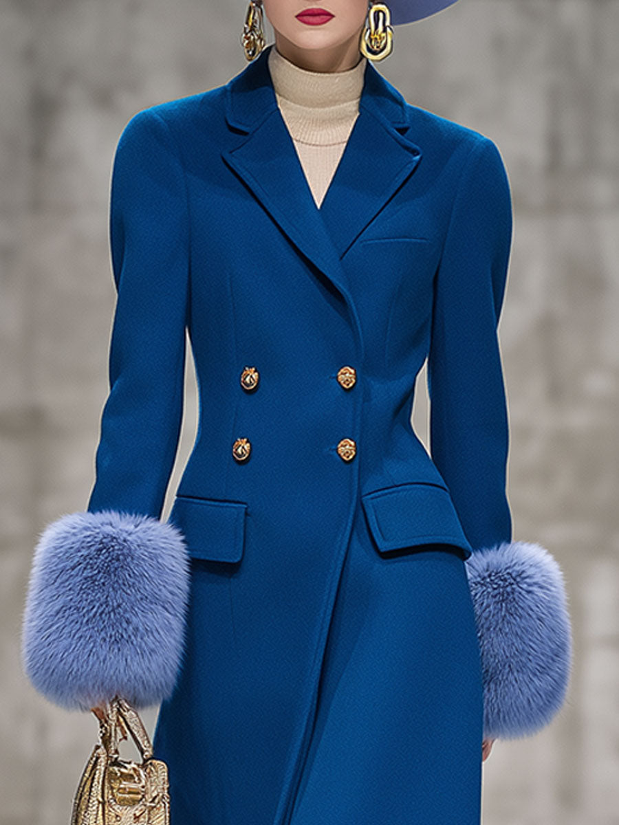 Elegant And Fashionable Blue Plush Cuffs Woolen Coat