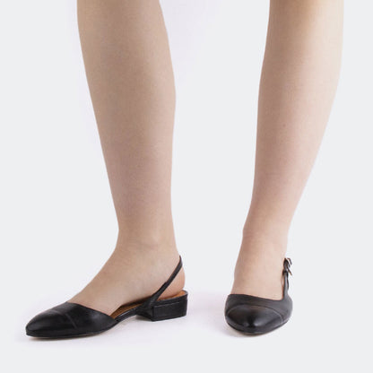 Almond Toe Low Block Heel Buckle Strap Slingback Shoes in Black