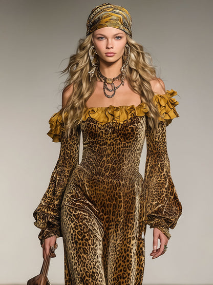 Fashion Retro Off-the-shoulder Ruffled Leopard Velvet Long-sleeved Maxi Dress