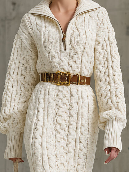 White Cable Zipper Sweater Slit Midi Dress