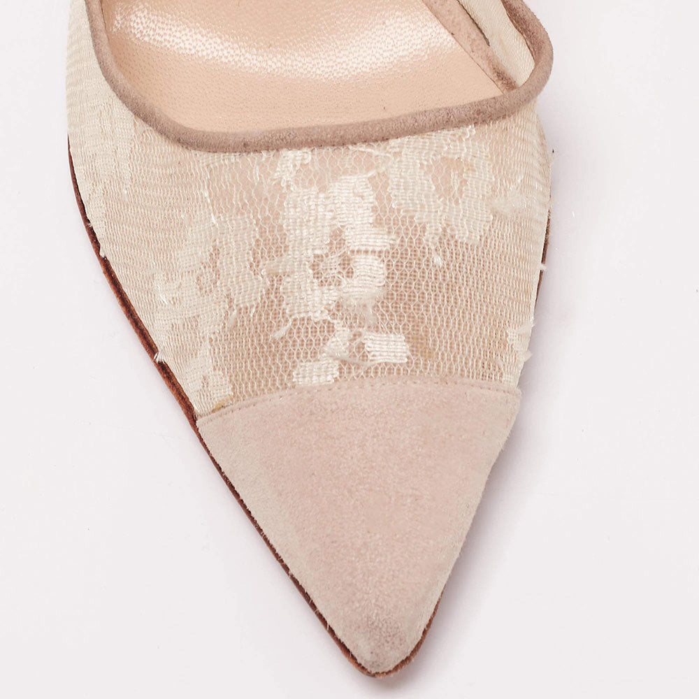 Floral Lace Mesh Pointed Toe Stiletto Heel Pumps Shoes in Nude