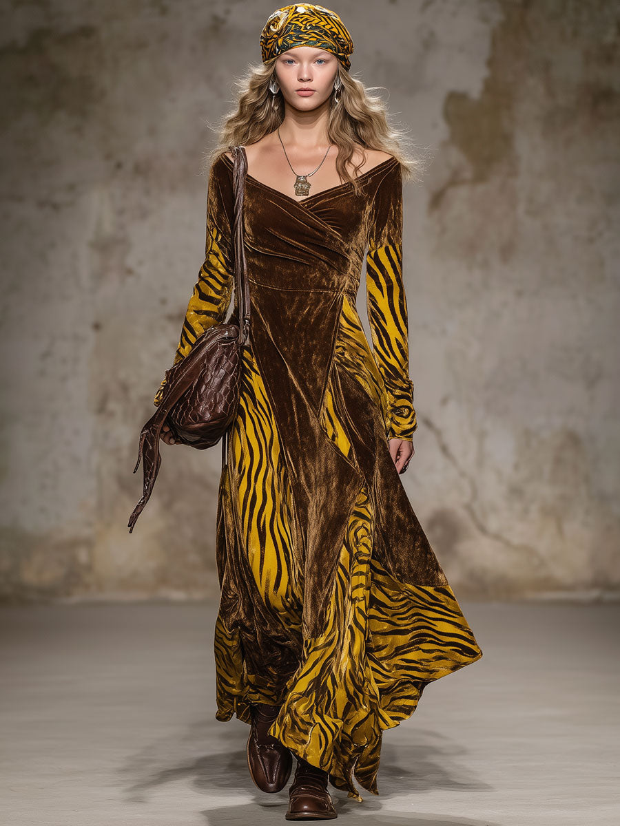 Fashion Retro Tiger Print Cocoa Brown Velvet Long Sleeve Maxi Dress
