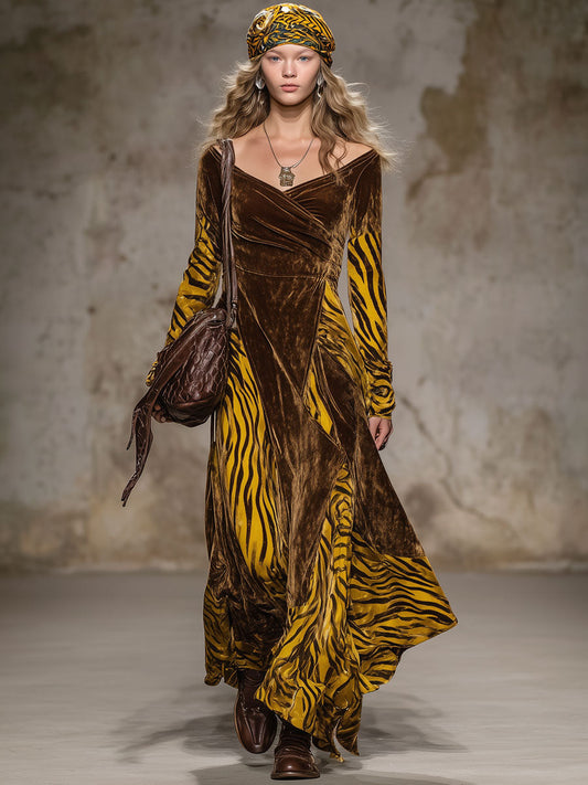 Fashion Retro Tiger Print Cocoa Brown Velvet Long Sleeve Maxi Dress