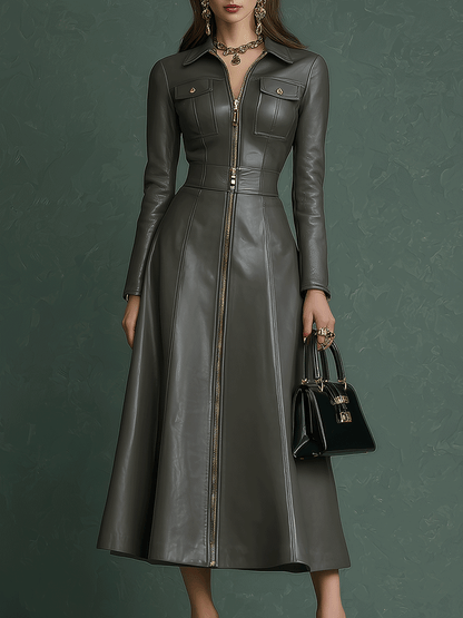 Dark Gray A-Line Faux Leather Maxi Dress