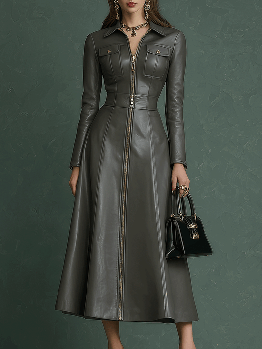 Dark Gray A-Line Faux Leather Maxi Dress