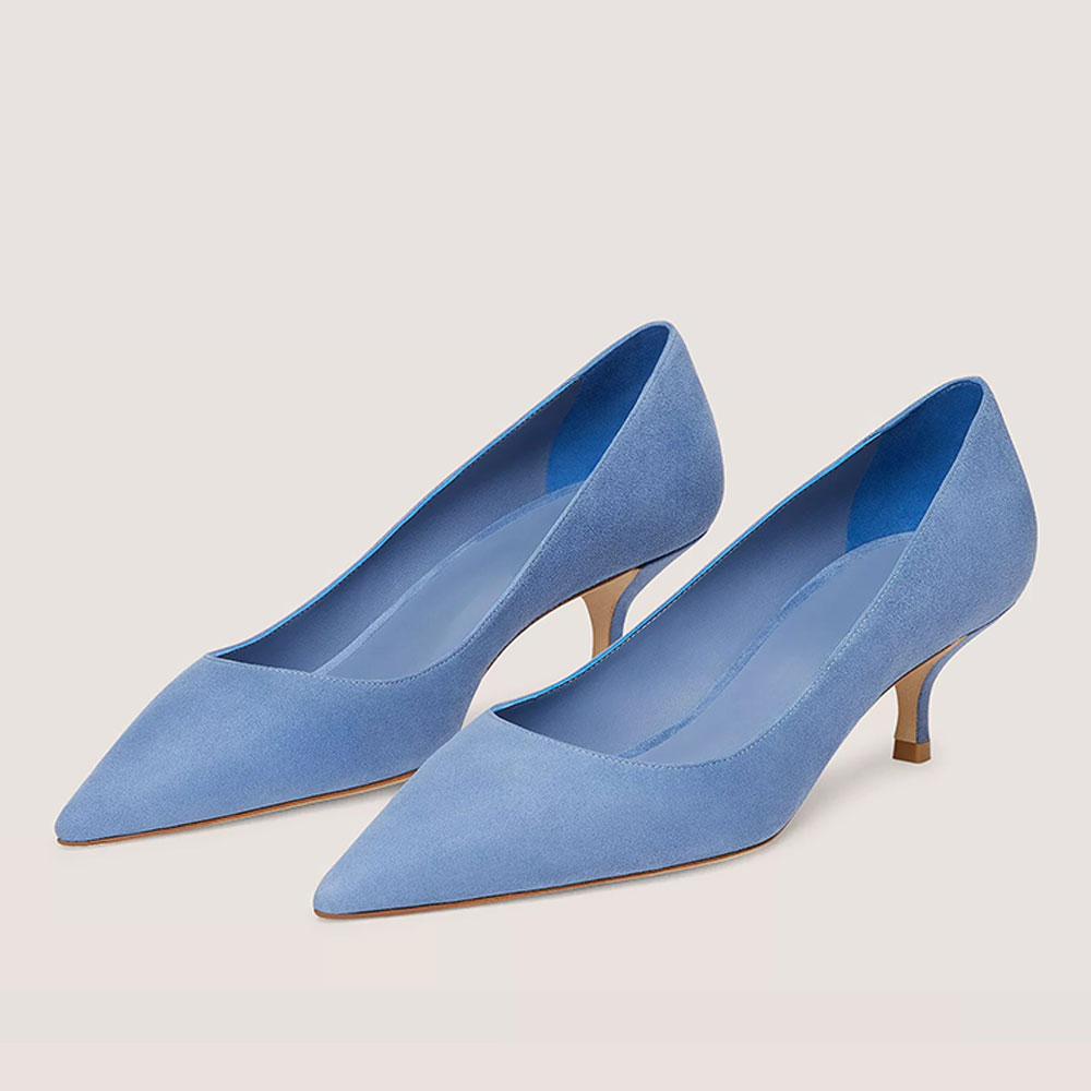 Elegant Blue Vegan Suede Pointed Toe Kitten Heel Pumps for Women